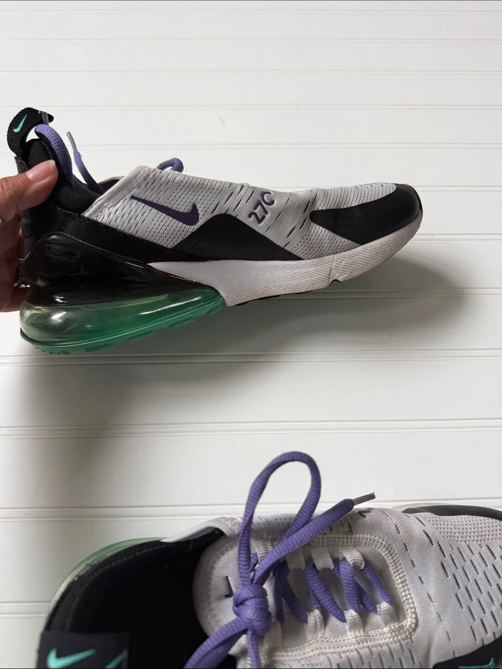 Nike White, Black and Purple Air Max 270 Sneakers with Teal Accents